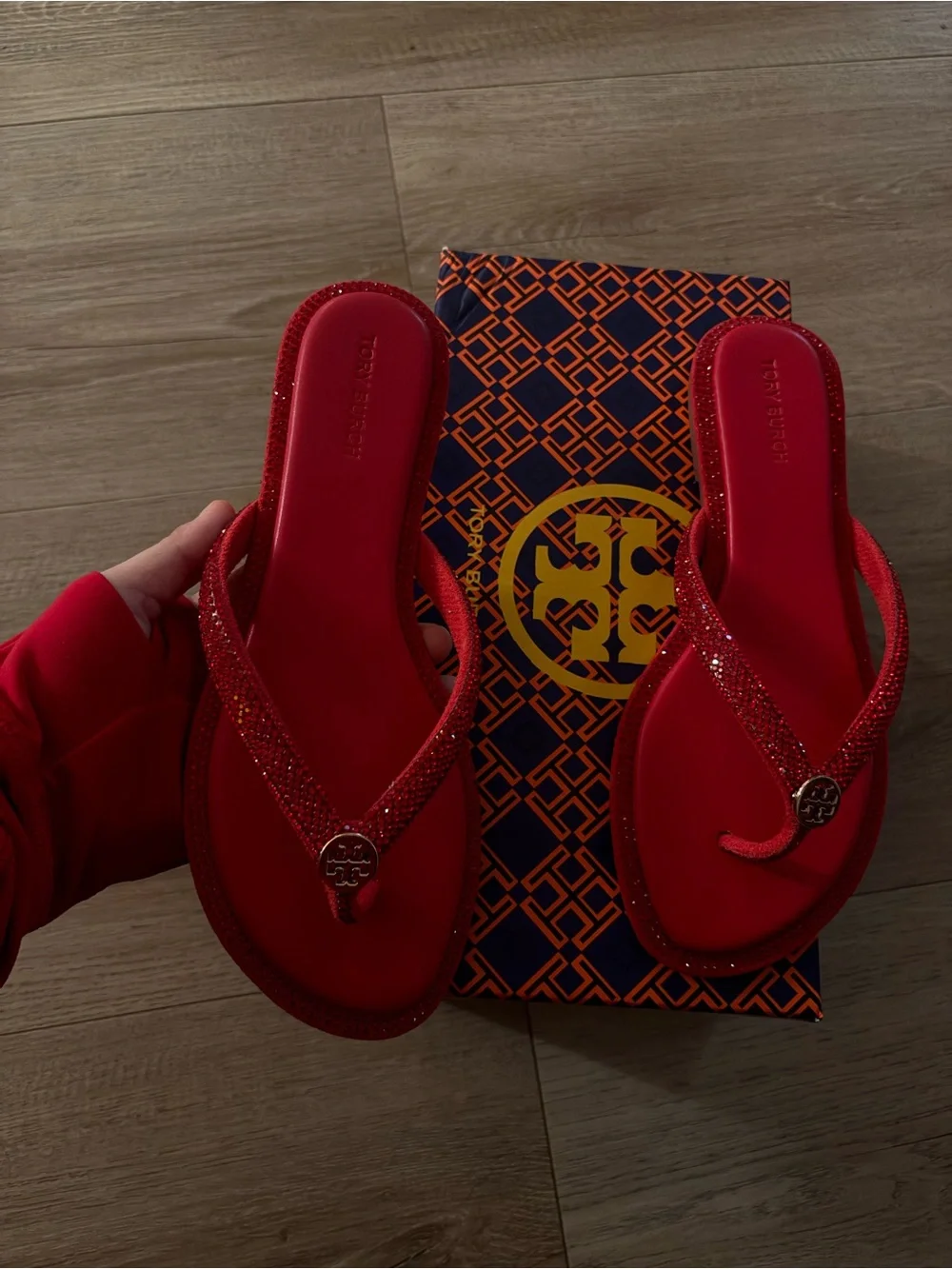 Tory Burch Red Glitter Thong Sandals with Logo Medallion